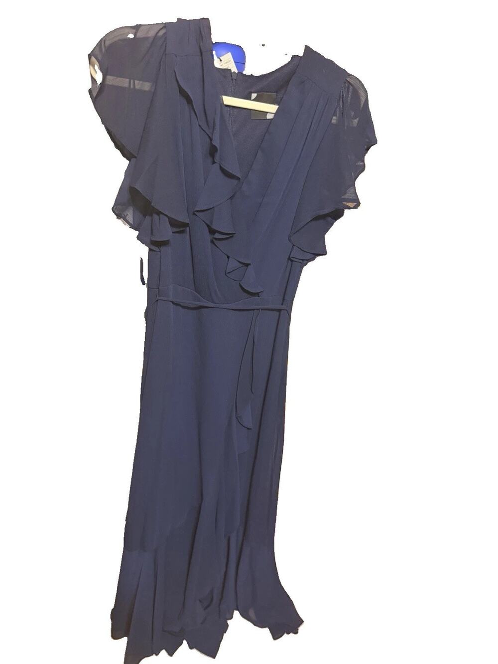 Maison Tara Navy Ruffle Trim Maxi Dress V Neck Flutter Sleeve Size 6